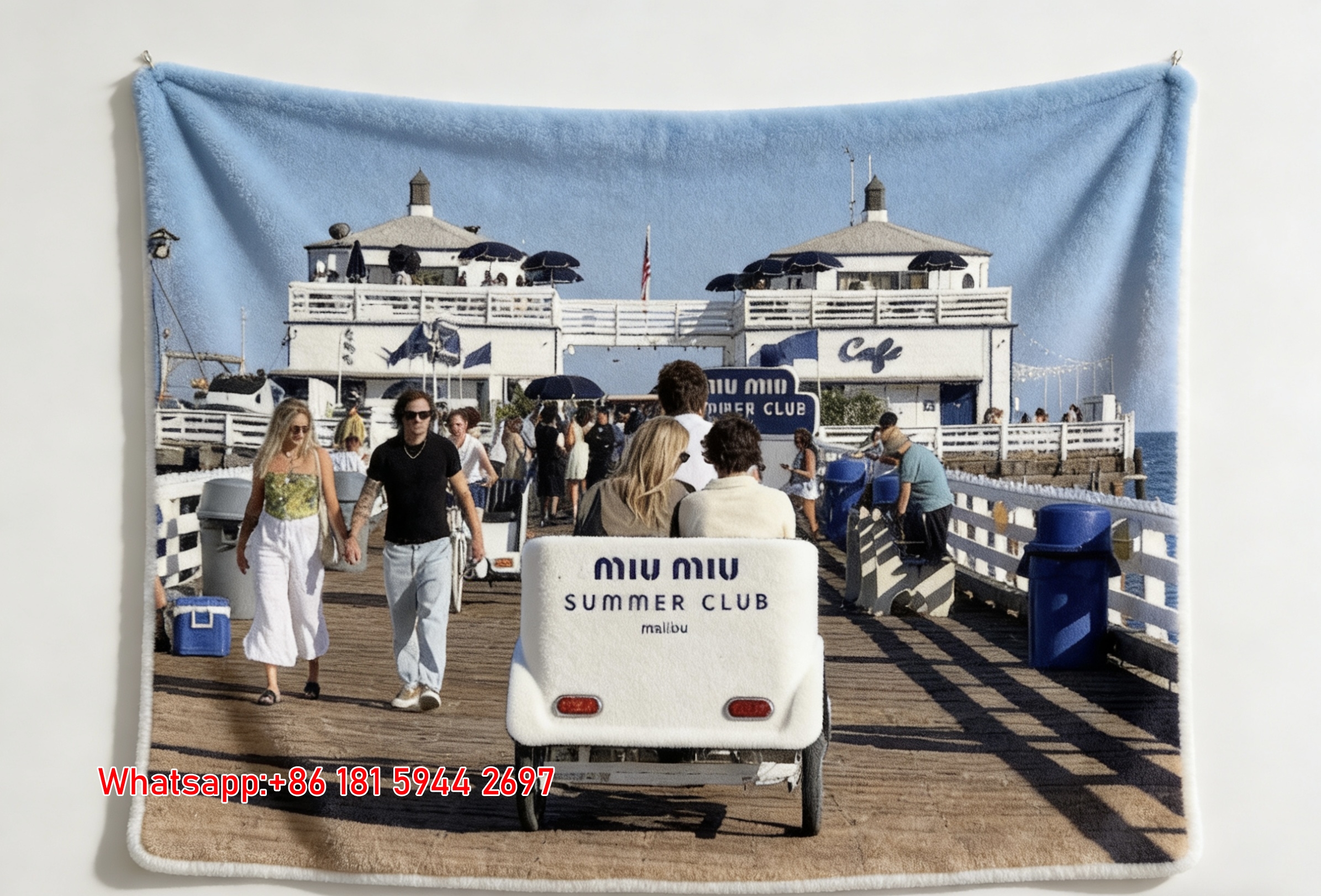 Miumiu White Blue Navy Flannel Sofa Throw Blanket – Printed Malibu Summer Club Pier Scene IMG_0545